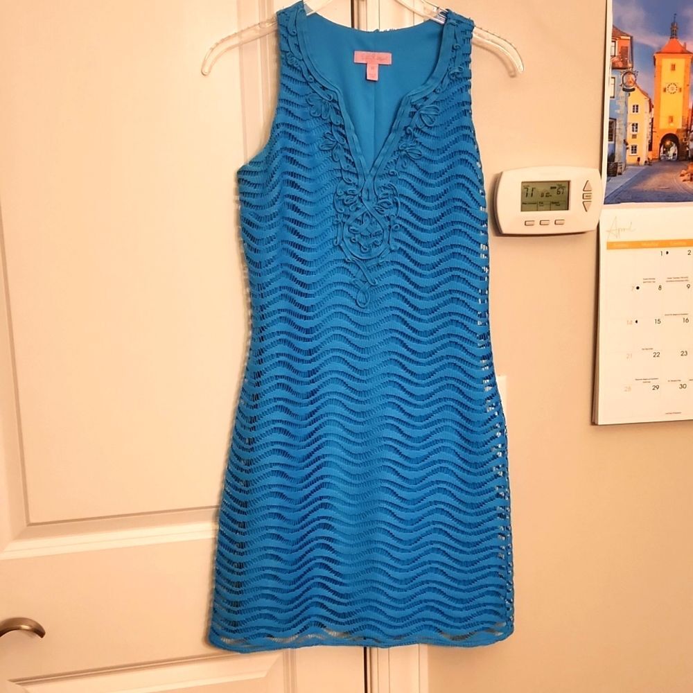 Lilly Pulitzer Ocean Blue Sleeveless Dress Crochet Knit Overlay Size XS